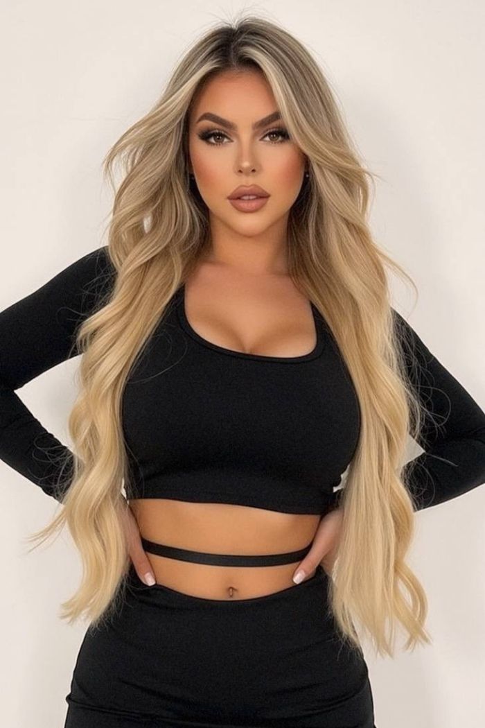 Woman with long blonde hair wearing a black crop top and high-waisted black pants, standing with hands on hips.